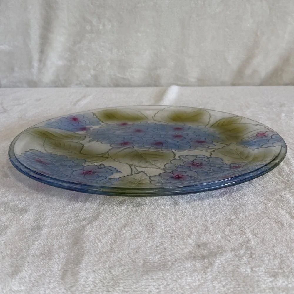 Vintage Blue Hydrangea Embossed Glass Serving Platter Round Floral Plate 13 inch